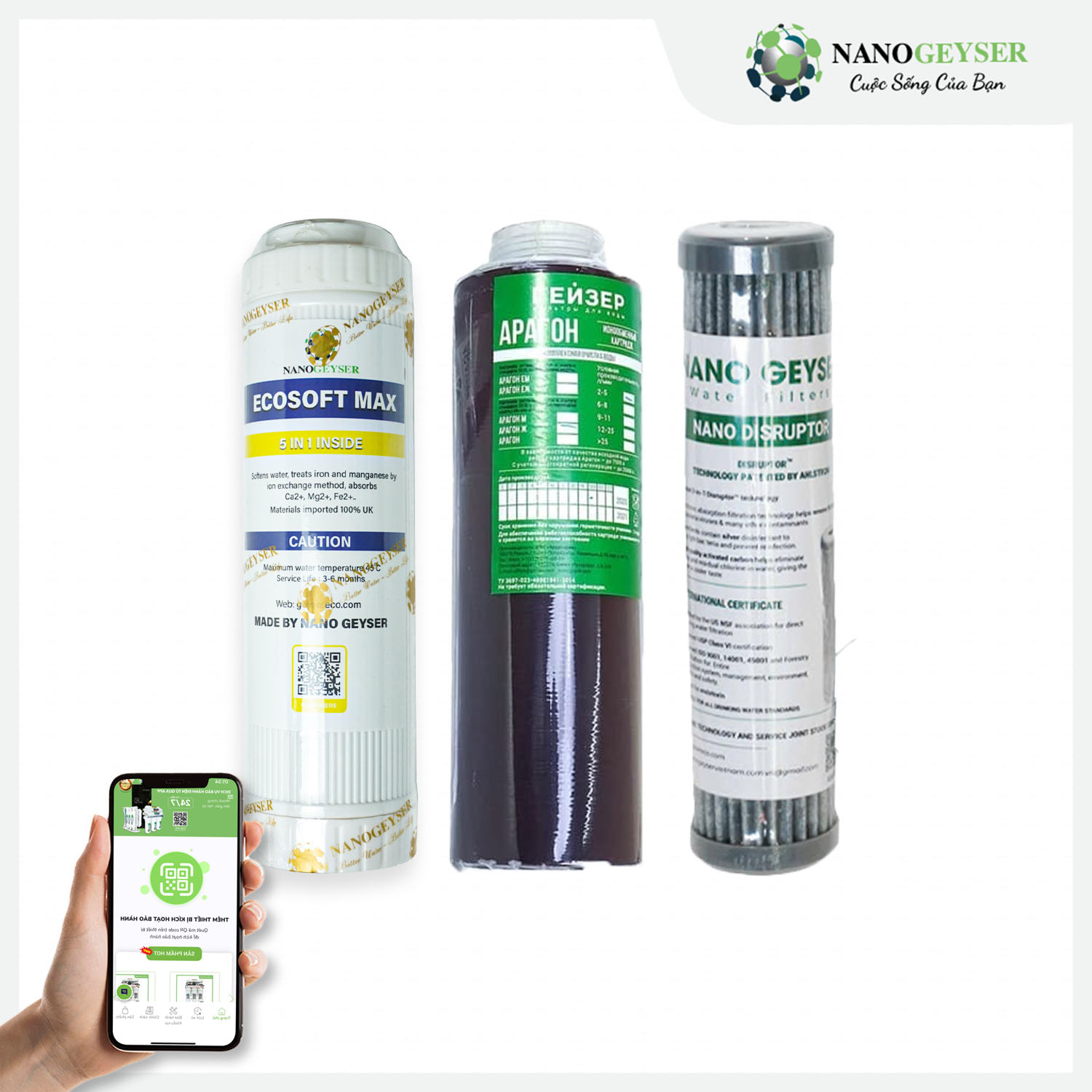 Bộ 3 lõi 123 máy lọc nước Geyser Eco 4, Geyser Eco 8, Geyser Ecotar